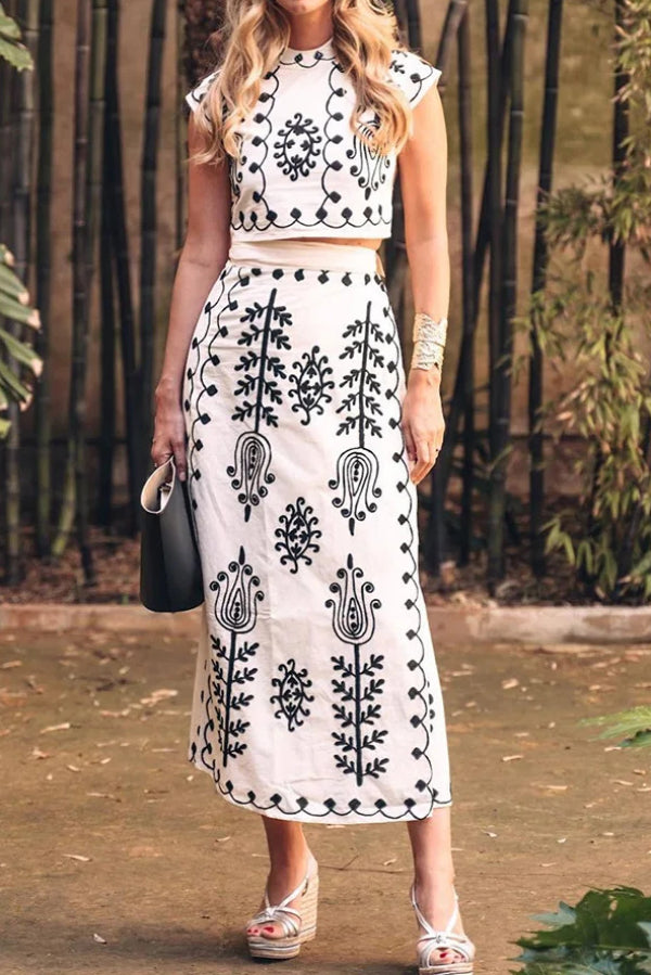 Linen Blend Ethnic Print Crop Top and Tire-up Wrap Skirt Set