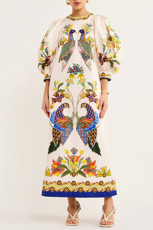 Unique Heaven Bird Printed Puff Sleeve Pocketed Loose Midi Dress