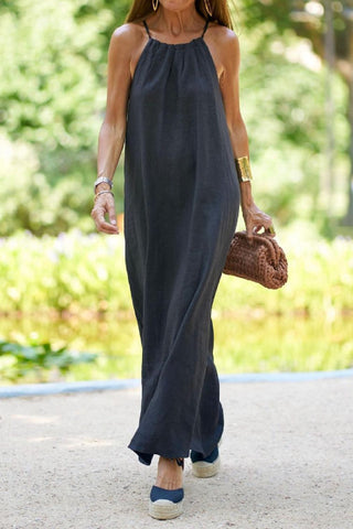 Halter neck slit cotton and linen maxi dress