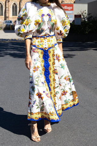 Printed puff-sleeve top and skirt set