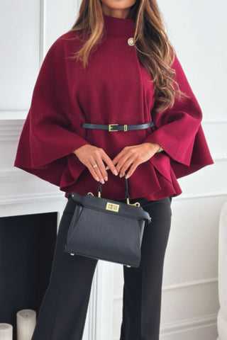 Solid color waist-binding woolen cape coat