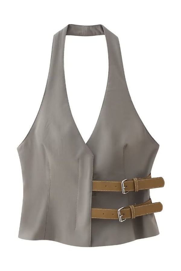 Belted halter neck vest and pants set