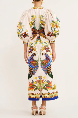 Unique Heaven Bird Printed Puff Sleeve Pocketed Loose Midi Dress