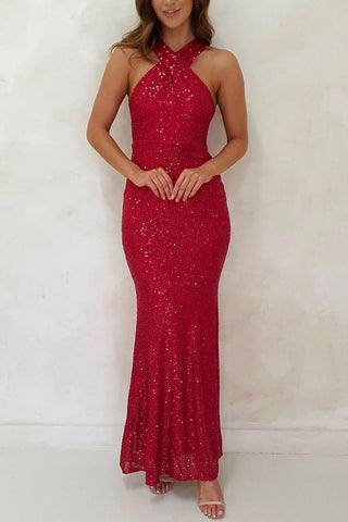 Halter sleeveless sequined maxi dress