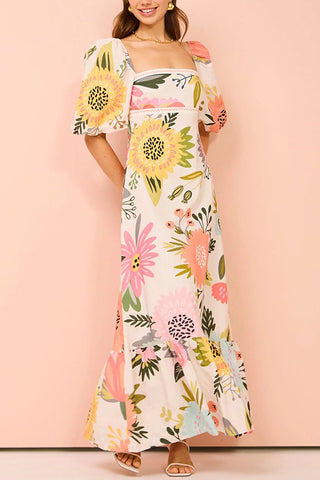 Multicolor Printed Lantern Sleeve Linen blend maxi Dress