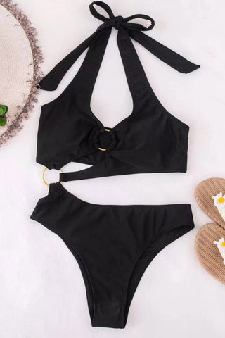 Hollow Metal Ring Halter Backless One-Piece Swimsuit