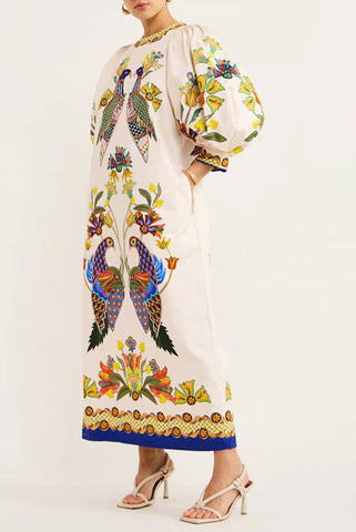 Unique Heaven Bird Printed Puff Sleeve Pocketed Loose Midi Dress