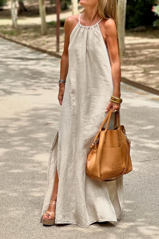 Halter neck slit cotton and linen maxi dress