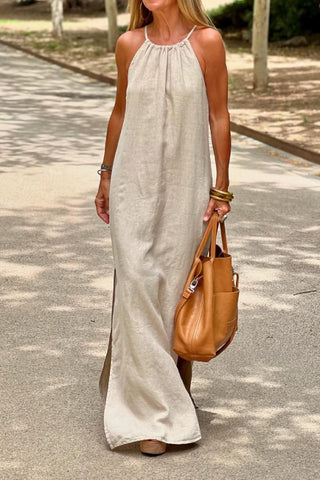 Halter neck slit cotton and linen maxi dress