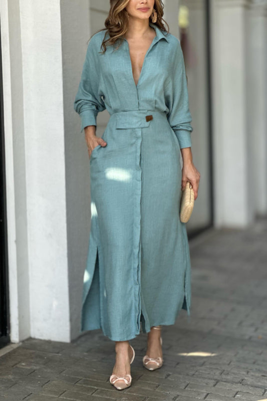 Solid color waist long sleeve irregular shirt maxi dress