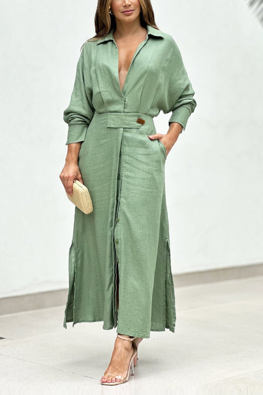 Solid color waist long sleeve irregular shirt maxi dress