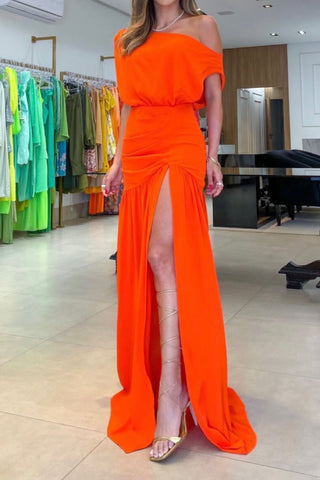 Slant collar off-shoulder waist slit solid color maxi dress