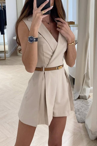 Lapel Pocket with Belt Pleated Romper