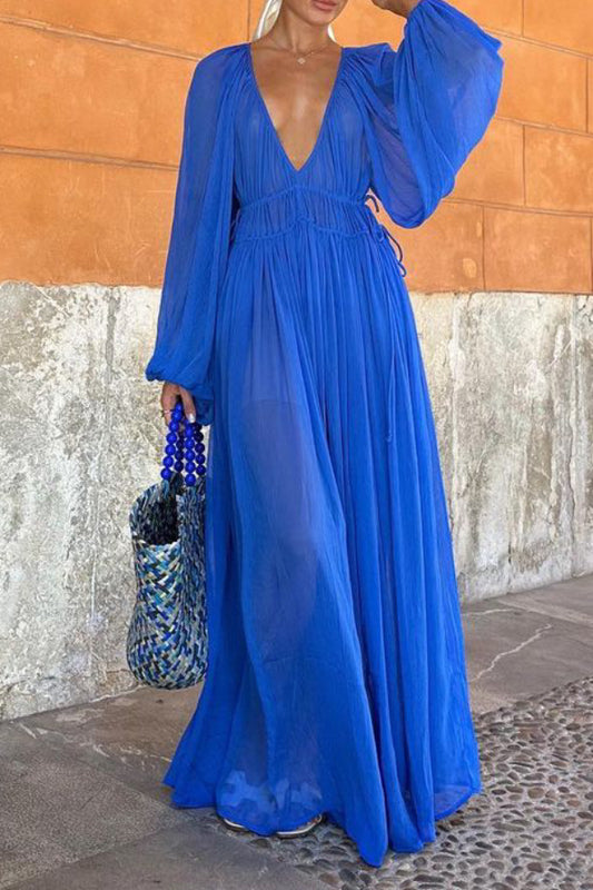 Chiffon Ruched Gathered Waist Maxi Dress