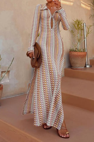 Beach Knit Colorful Wave Print Long Sleeve Vacation Maxi Dress