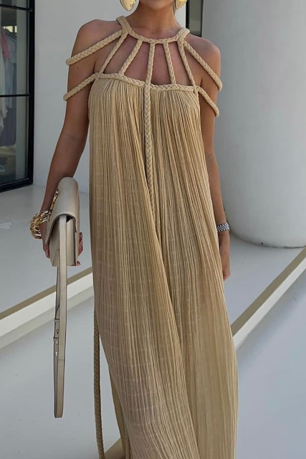 Draped Woven Halterneck Backless Maxi Dress