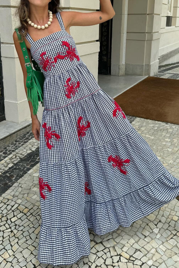 Lobster Print Square Neck Layered Maxi Dress