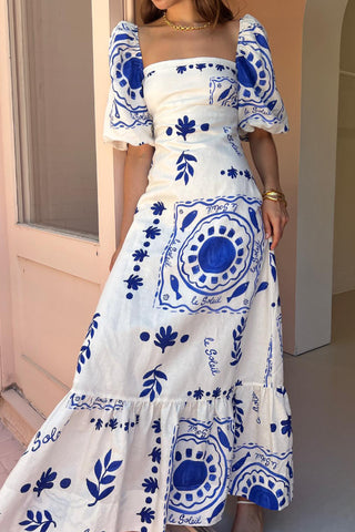 Printed Lantern Sleeve Linen blend maxi Dress