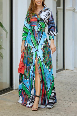 Printed long sleeve belt maxi dress