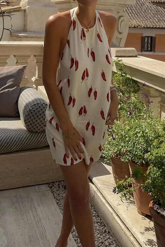 Red Chili Pepper Print Sleeveless Halter Neck Mini Dress