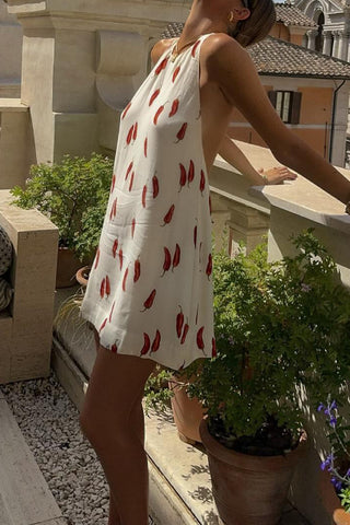 Red Chili Pepper Print Sleeveless Halter Neck Mini Dress