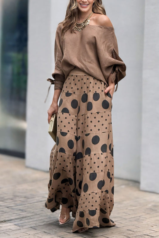 Off-shoulder bow cuff top with printed wide-leg pants set