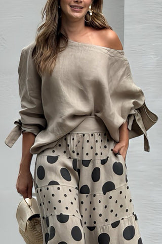 Off-shoulder bow cuff top with printed wide-leg pants set