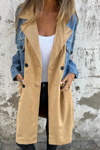 Lapel collar denim patchwork mid-length coat