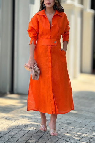 Solid color waist long sleeve irregular shirt maxi dress