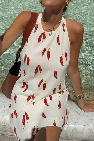 Red Chili Pepper Print Sleeveless Halter Neck Mini Dress