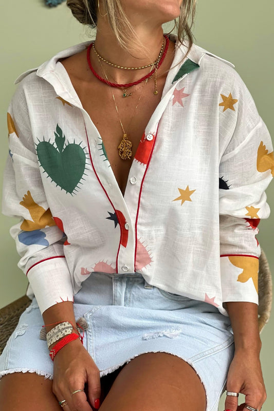 Unique Print Button Long Sleeve Loose Blouse