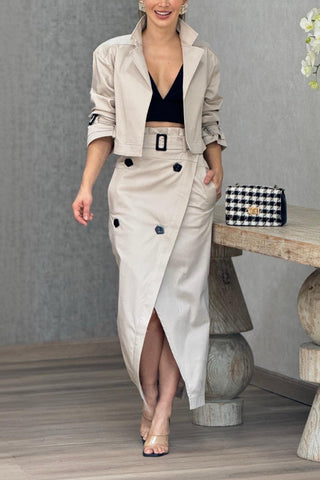 Versatile casual workwear temperament button belt skirt set