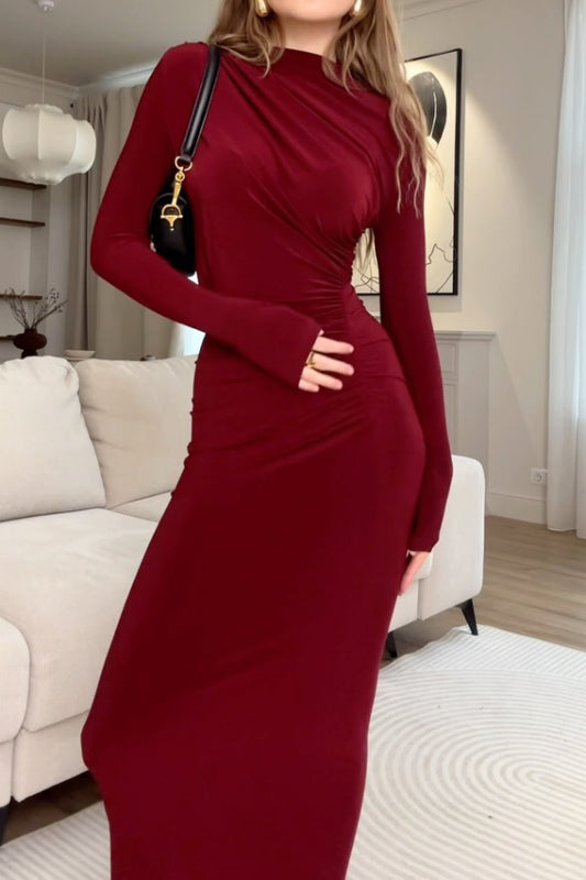 Burgundy half-high collar slim maxi dress