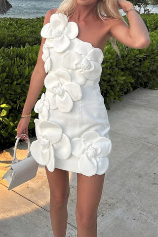 One Shoulder 3D Flower Mini Dress