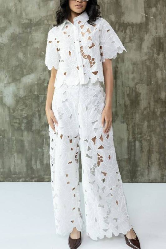 Casual Lace Blouse Wide Leg Pants Suit