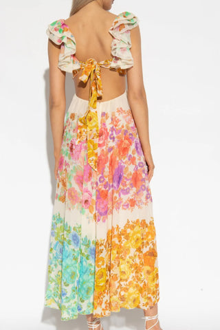 V-neck Ruffle Sleeve Flowers Print Bow-knot Backless Design maxi dress