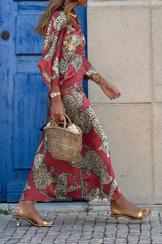 Satin Tiger Print Batwing Sleeve Long Button Loose Shirt and Skirt Set