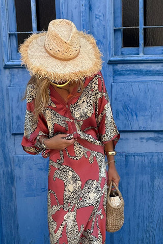 Satin Tiger Print Batwing Sleeve Long Button Loose Shirt and Skirt Set
