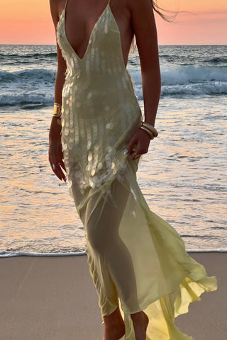 Slim fit sequined fishtail  halter back maxi dress