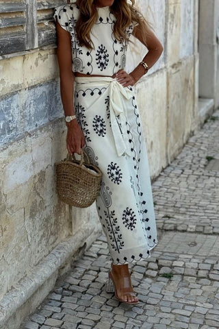 Linen Blend Ethnic Print Crop Top and Tire-up Wrap Skirt Set