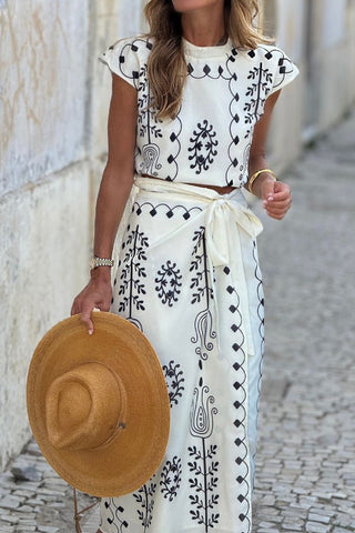 Linen Blend Ethnic Print Crop Top and Tire-up Wrap Skirt Set