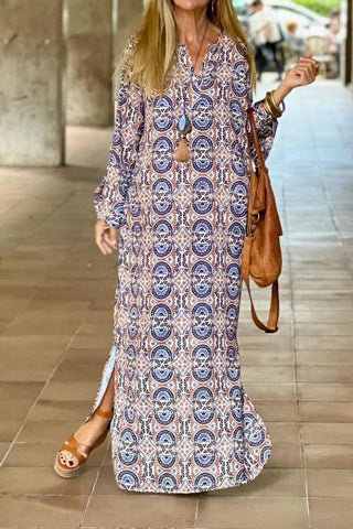 V-neck printed long sleeve maxi dress