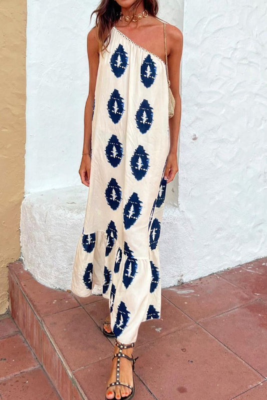 Off-shoulder tie bohemian print midi dress