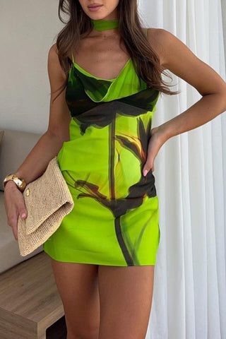 Floral Print Wrap Style Neckline Slip Mini Dress