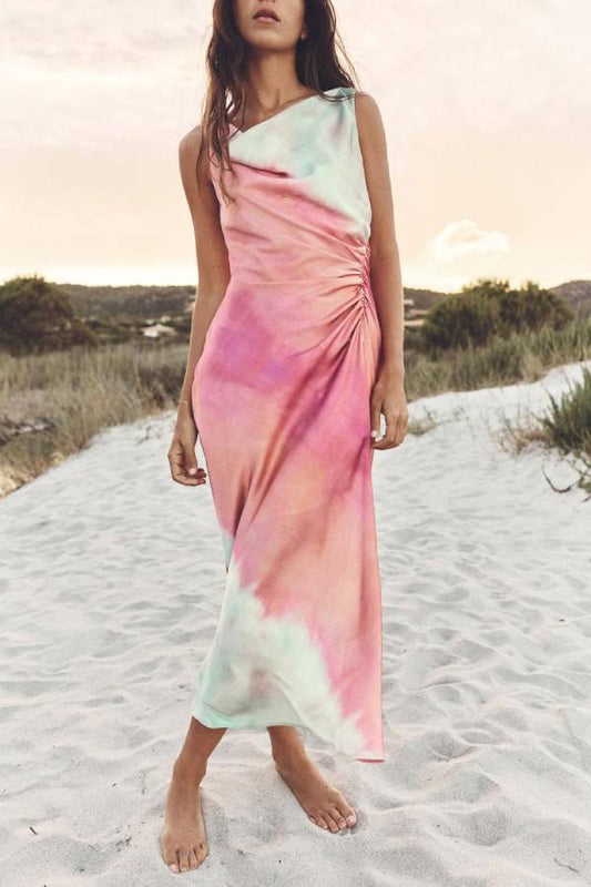 Tie dye printed satin maxi dress