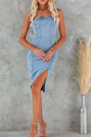 Wrap chest sexy spicy girl patchwork slim denim midi dress