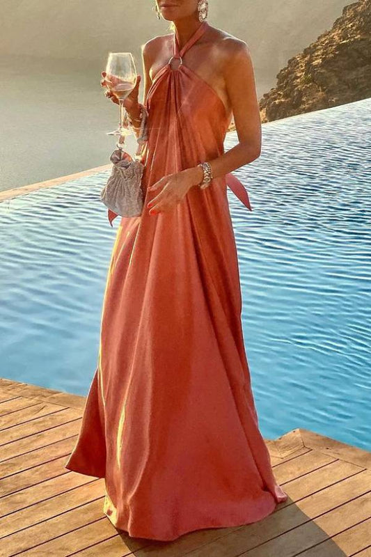 Satin Halter Backless Maxi Dress