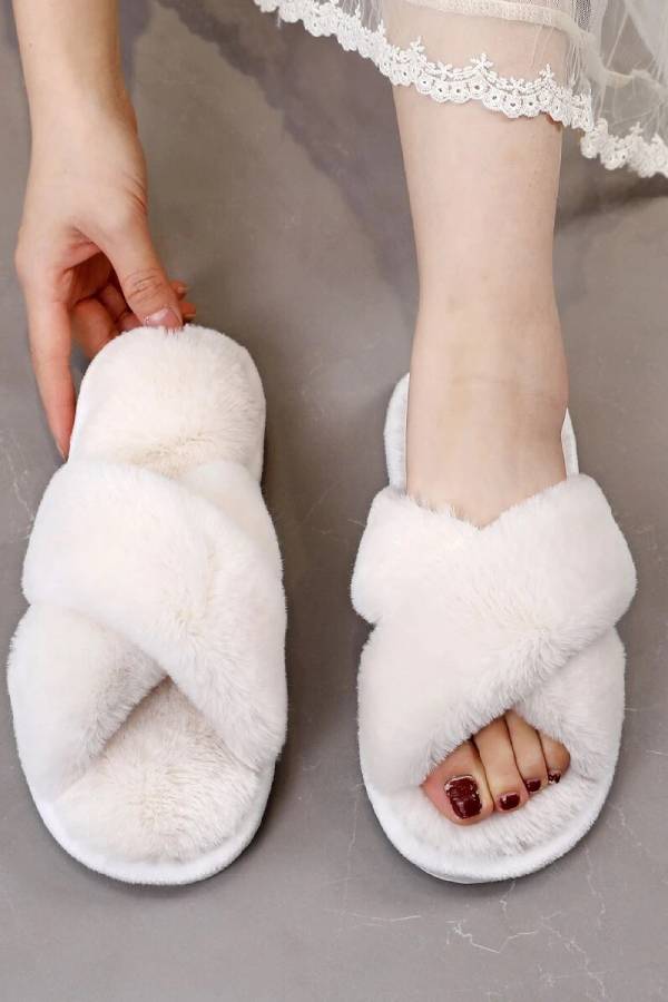 Fluffy Cross Strap Bedroom Slippers