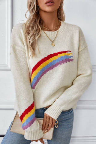 Fashion rainbow striped jacquard knitted sweater