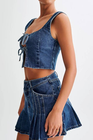 Bow Knot Denim Crop Tank Top Skirt Set